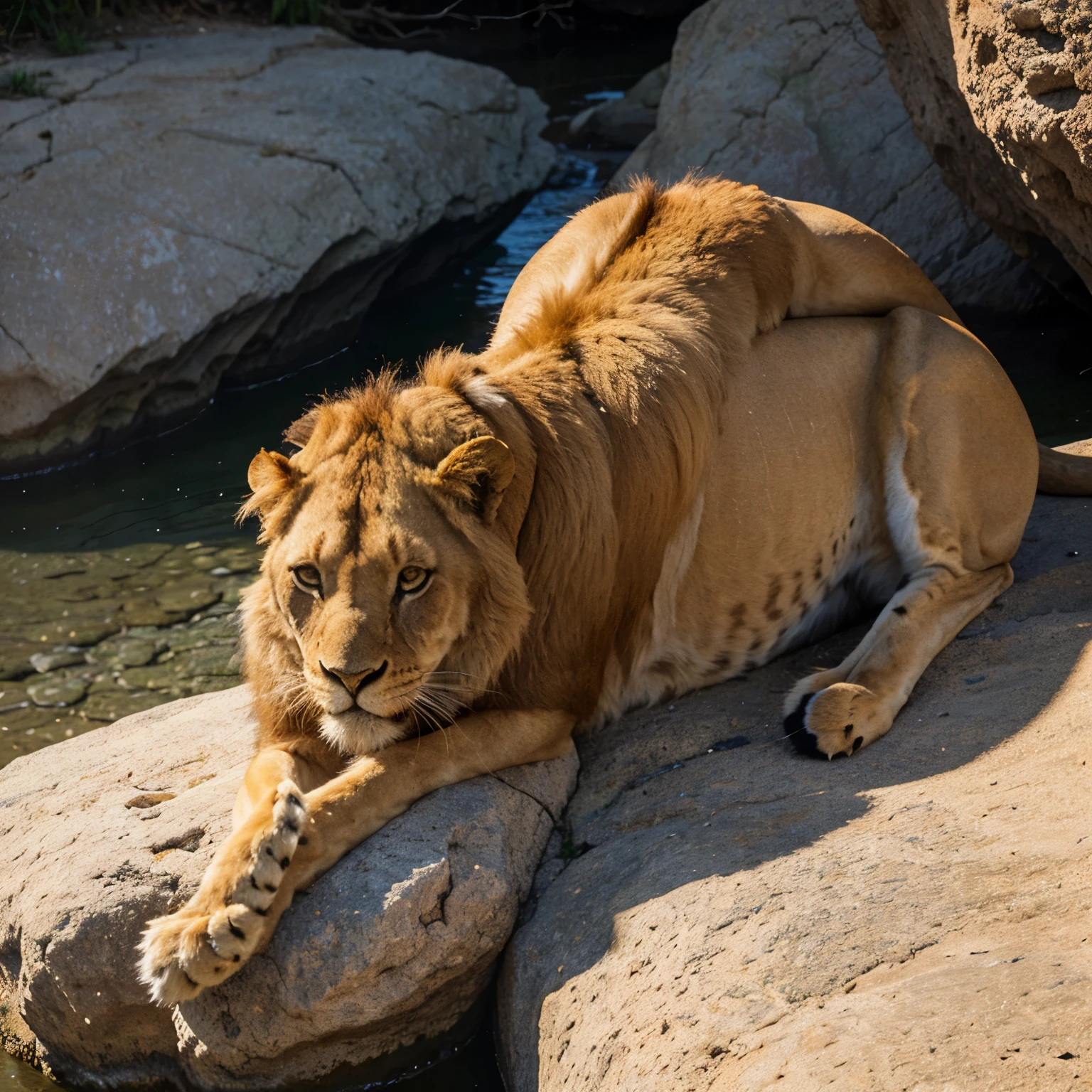 An Oli painting od a lioness lying on the rock with the sawannah on the cackground. Her head is facing right