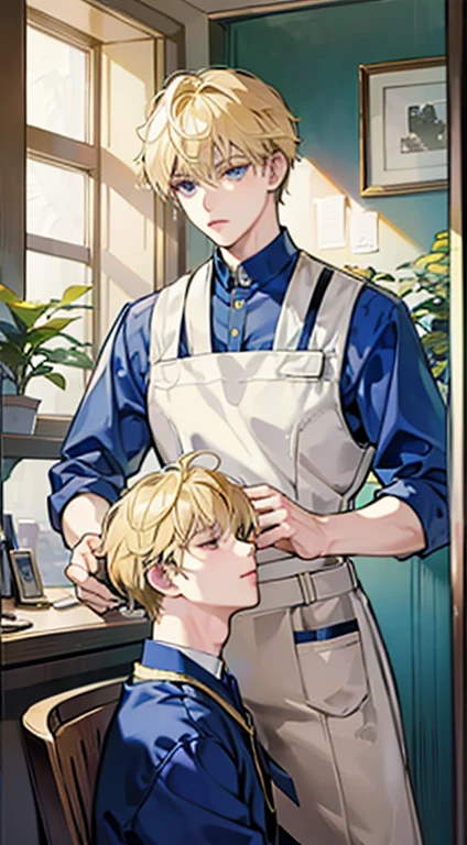 blond boy、Blue Shirt、profile、In front of the mirror、The location is a beauty salon