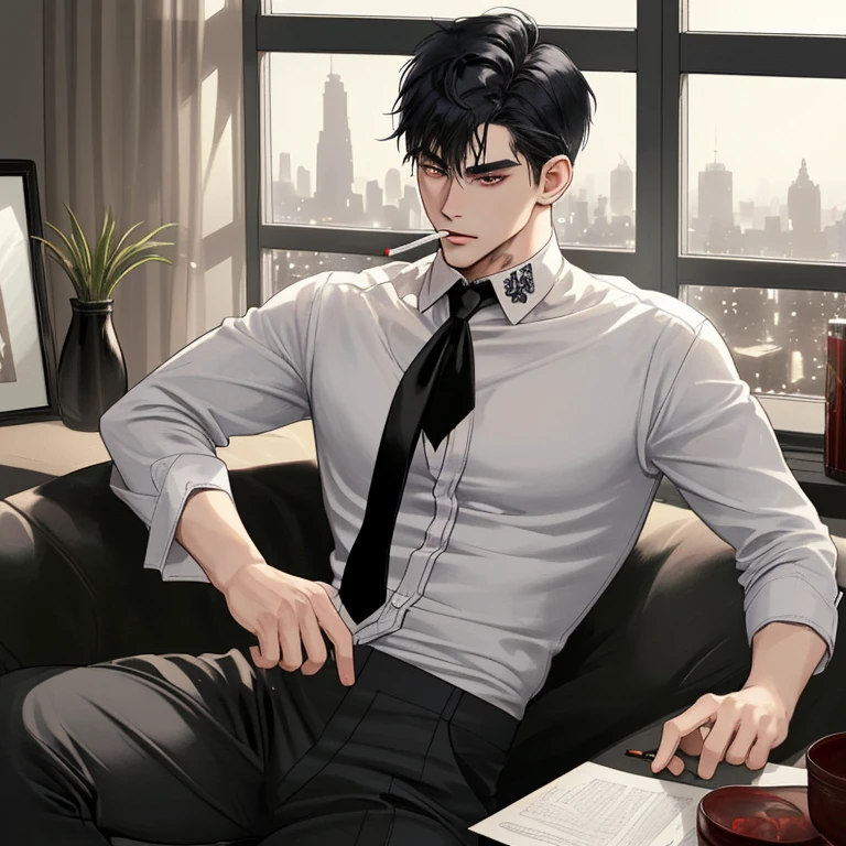 A mixed-race man that's half asian and half European. He's smoking and sitting in a dimly lit room. His hair was very short and black. He's slightly glaring as the smoke of his cigarette lingered near him. He was wearing a white blouse, black waistcoat, and black trousers. He had a tattoo on his neck. The room was very dim. The only lighting was from the window, the light from the city view.