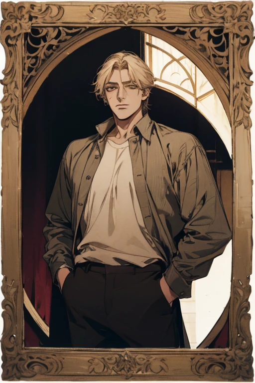 (Qualidade excelente), (high resolution), (absurd play) ((homem)), (Macho), Dez e meia, cabelo branco, cabelo desgrenhado, ((paladino)), ((camisa, pants)), character looking at the camera, rosto detalhado, ((medieval)), ((Bang)), (((roupas simples))), retrato, olhos pequenos, guerreiro viajado