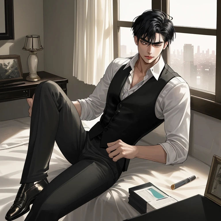 A mixed-race man that's half asian and half European. He's smoking and sitting in a dimly lit room. His hair was very short and black. He's slightly glaring as the smoke of his cigarette lingered near him. He was wearing a white blouse, black waistcoat, and black trousers. He had a tattoo on his neck. The room was very dim. The only lighting was from the window, the light from the city night view. His eyes are black