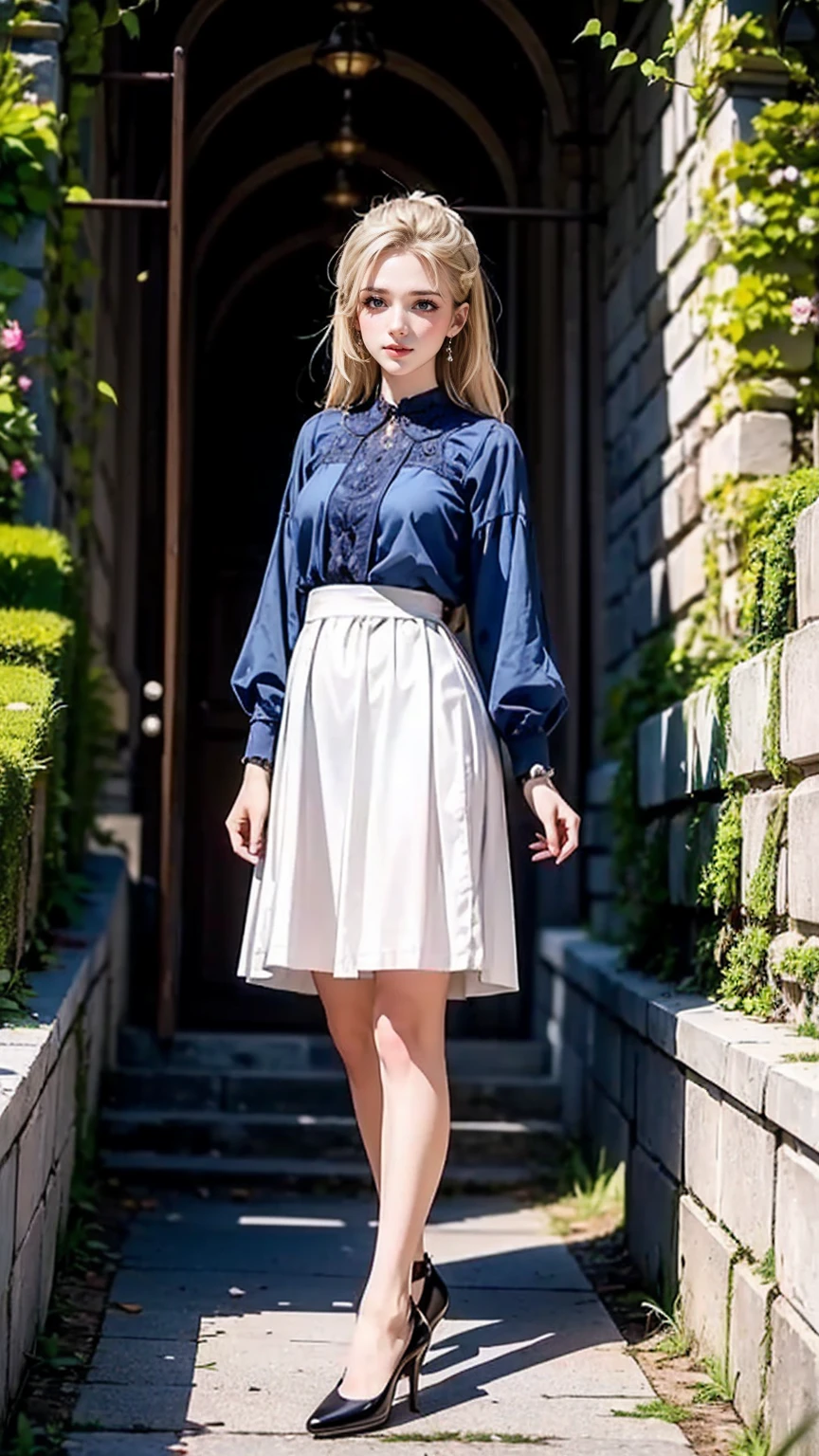 ((最high quality, 8K, masterpiece: 1.3, Ultra HD, high quality, 最high quality, High resolution, realism)) 、25-year-old Caucasian female、Platinum Blonde、blue eyes、long hair、、Hair above one eye、、smile、slender、slenderでありながらアスリートのような細マッチョの身体、I want my head to stay off screen、Wear accessories on your wrist、Wearing red nail polish、I have a peticure、Smock Blouse((smock blouse))wear、straight skirt((straight skirt))Wear、Wear high heels、I&#39;m in the intricate passageways of the old town.、There is a masonry wall covered with ivy