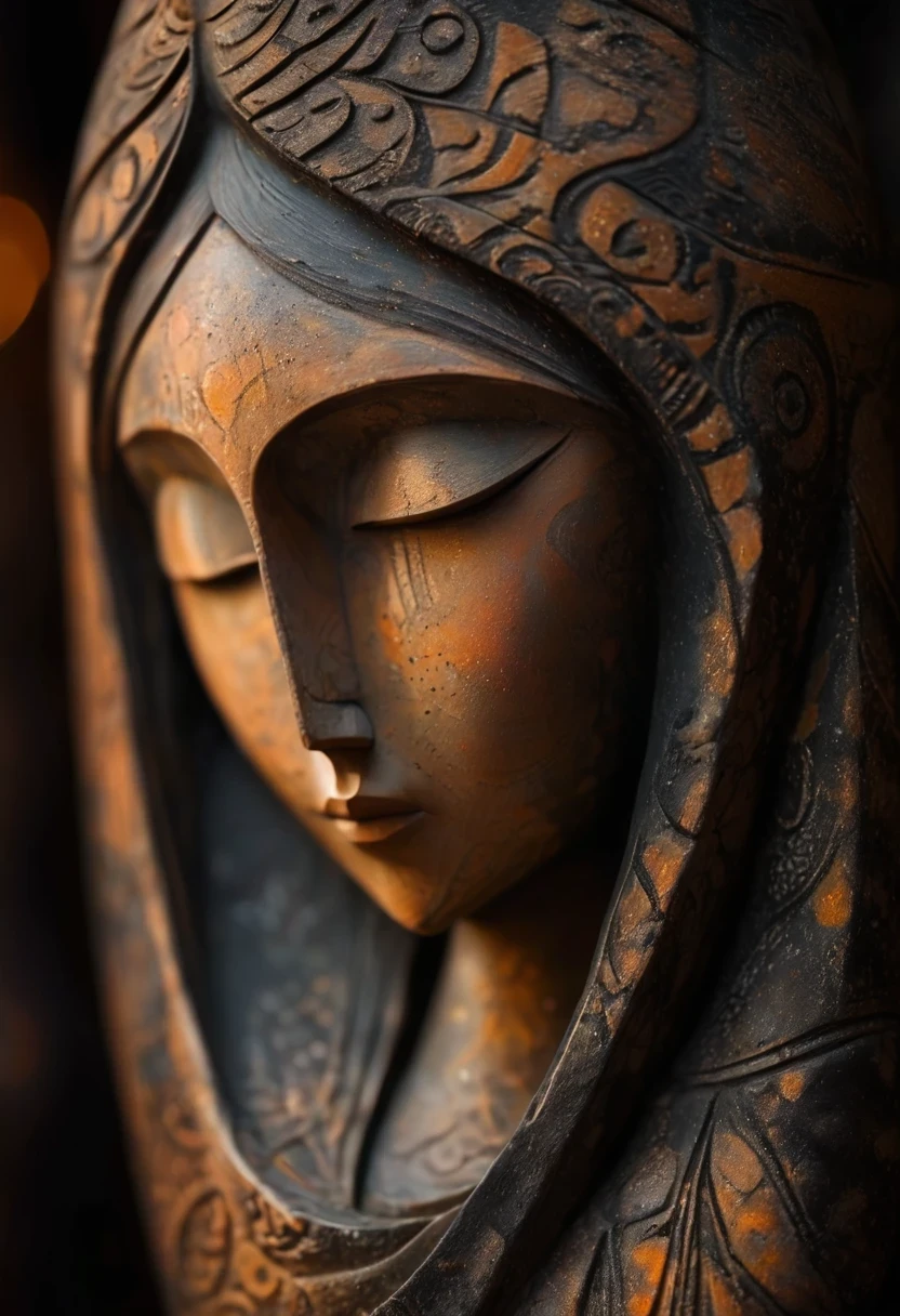 (masterpiece, best quality:1.2),Ornaments, Statue of the Virgin, ,color,Paint pottery in earthy tones,With subtle patterns and textures,Invoking ancient wisdom. Focus on the face,With depth of field and bokeh effects. This is a high resolution image,Intricate details,The background is dark,soft light, style of,Minimalism,(Darkness shrouded,Wall background,black background,contour,shadow,Extreme darkness:2.0)