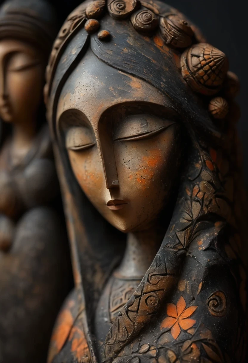 (masterpiece, best quality:1.2),Ornaments, Statue of the Virgin, ,color,Paint pottery in earthy tones,With subtle patterns and textures,Invoking ancient wisdom. Focus on the face,With depth of field and bokeh effects. This is a high resolution image,Intricate details,The background is dark,soft light, style of,Minimalism,(Darkness shrouded,Wall background,black background,contour,shadow,Extreme darkness:2.0)