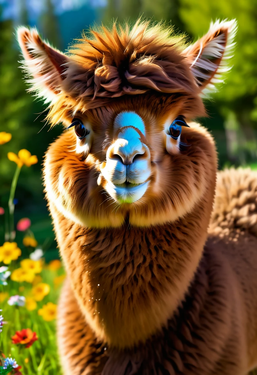 An Alpaca, aesthetic, (best quality,4k,8k,highres,masterpiece:1.2),ultra-detailed,(realistic,photorealistic,photo-realistic:1.37),woolly alpaca,comical actions,humorous situations,quirky poses,random antics,beautiful natural scenery,green pastures,sunny day,colorful flowers,epic landscapes,mythical creatures,enchanted forests,dreamlike ambiance,soft sunlight,bright and vivid colors,playful expressions,curious eyes,fluffy fur,cartoonish style,dynamic composition,whimsical atmosphere.