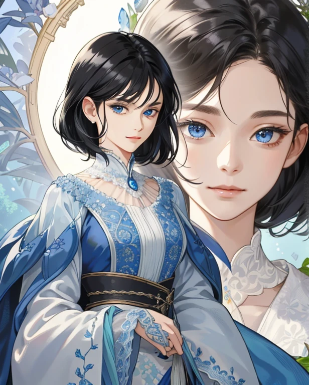 (extremely delicate and beautiful:1.2), 8k,(masterpiece:1.0),(best_quality:1.0), 1girl, mature woman, complex details, enlarged textures, complex details, finely detailed eyes and detailed face, intricate details, short black hair with fringe, (closed mouth), soft smile face, perfect eyes (blue eyes), equal eyes, (goddess)