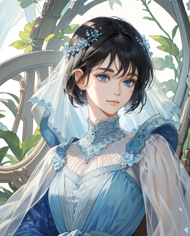 (extremely delicate and beautiful:1.2), 8k,(masterpiece:1.0),(best_quality:1.0), 1girl, mature woman, complex details, enlarged textures, complex details, finely detailed eyes and detailed face, intricate details, short black hair with fringe, (closed mouth), soft smile face, perfect eyes (blue eyes), equal eyes, (goddess)