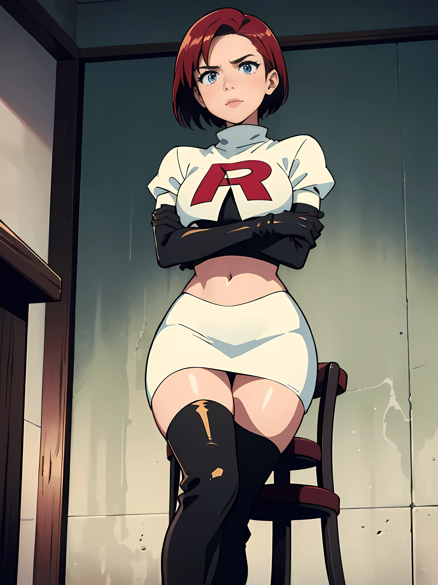 Leonie Pinelli, short hair,,Team Rocket uniform, red letter R, White Skirt,White crop top,Black thigh-high riding boots,Shiny black boots、Black elbow gloves, The whole body is visible,Pride,Cross your arms,Sit on a chair,View from directly below,Looking down,Elevate your legs
