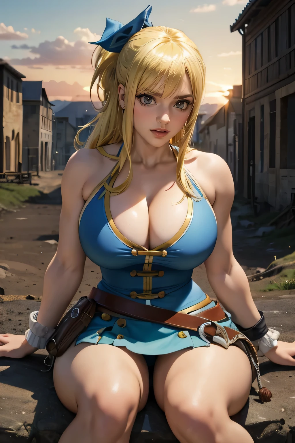 (Best quality,4k,8K,a high resolution,masterpiece:1.2),Hisui E. Fiore - Fairy Tail, detailed,sexual),((cute expression)),blue ribbon,(blonde),(Grey eyes),(blue shirt with gold buttons),white mini skirt,whip on the belt,Wellingtons,market,(baguette in hand),(standing)full length, ((big tits:1.2)),market square,,Billowing dust and smoke,determination in her eyes,beliefs(Best quality,4k,8K,a high resolution,masterpiece:1.2),realistic,ultra detailed,sexual,Irene Belserion (Fairy Tail)dark green eyes,cruel expression,sitting,war-torn landscape,severed heads of enemies on the ground,dynamic action pose,power and authority,fatal blows and parries,strong female protagonist,Billowing dust and smoke,determination in her eyes,confident and fearless,scenic sunset lighting,Bright colors,muscular build,slim and fit figure,epic fantasy work, sexual and fearless,scenic sunset lighting,Bright colors,muscular build,slim and fit figure,epic fantasy work, sexual