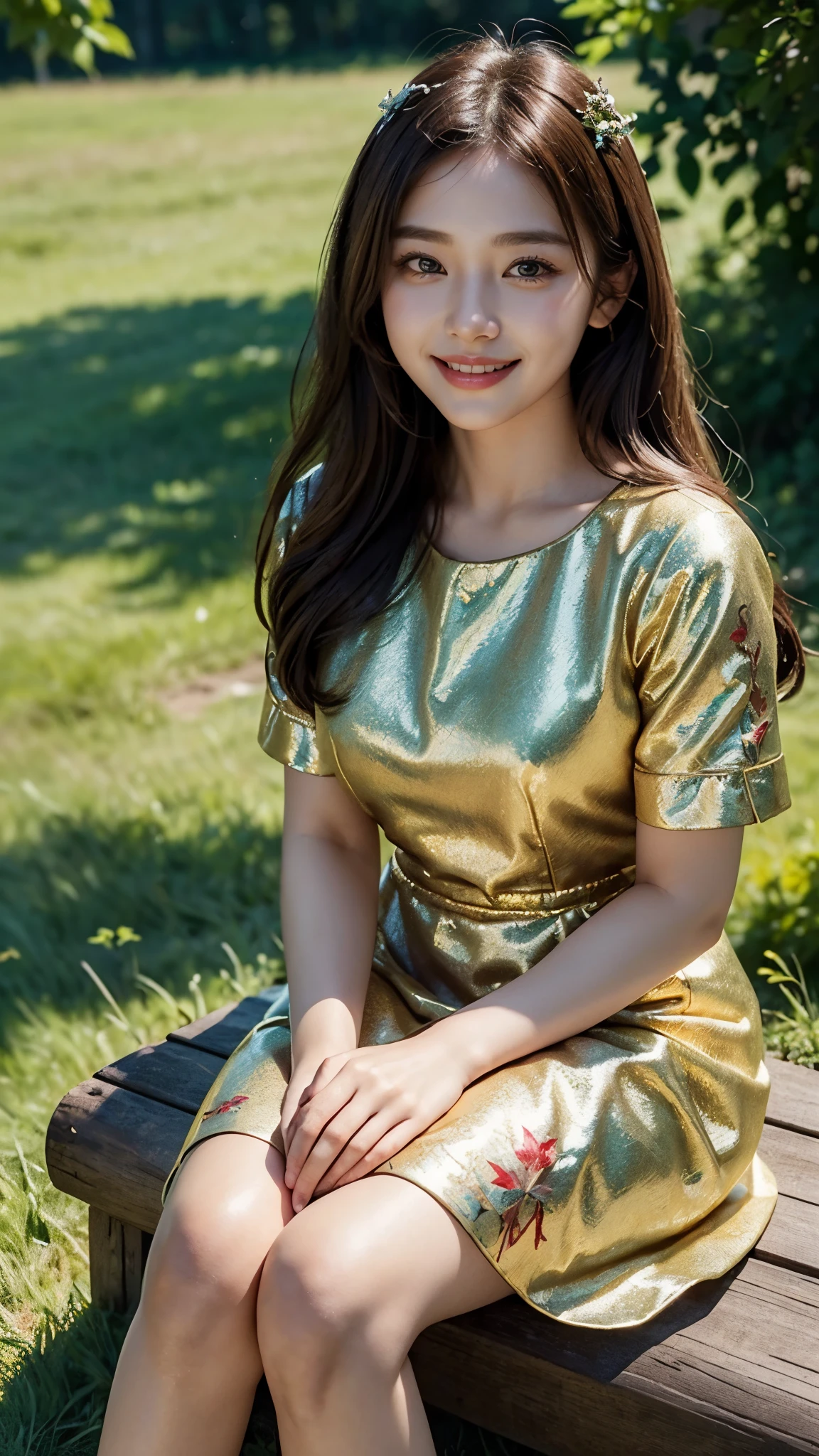 24 years beautiful Girl, korean Girl, 64K, (masterpiece: 1.4), Beautiful glitter Red colour frock dress, frock knee length, nature background, beautiful smile, (smile: 1.2), detailed background, detailed dress, ultra HD image quality, sitting on green grass, 8D , CG unity 8k wallpaper, perfect figure, Young Girl, Falling leafs, Beautiful Nature,