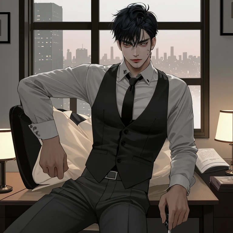 A mixed-race man that's half asian and half European. He's smoking and sitting in a dimly lit room. His hair was very short and black. He's slightly glaring as the smoke of his cigarette lingered near him. He was wearing a white blouse, black waistcoat, and black trousers. He had a tattoo on his neck. The room was very dim. The only lighting was from the window of his office, the light from the city night view. The color of his eyes are black.