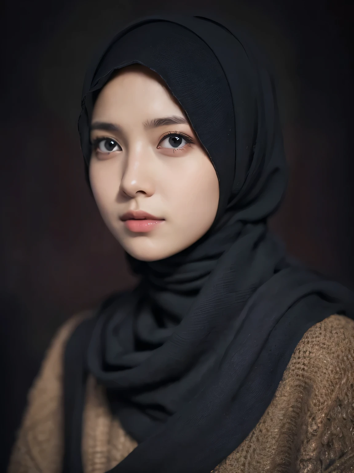 Best quality, masterpiece, ultra high res, (photorealistic:1.4), raw photo, 1girl, detailed hijab, detailed eyes and face, black sweater, dynamic lighting, in the dark, deep shadow, low key, cowboy shot