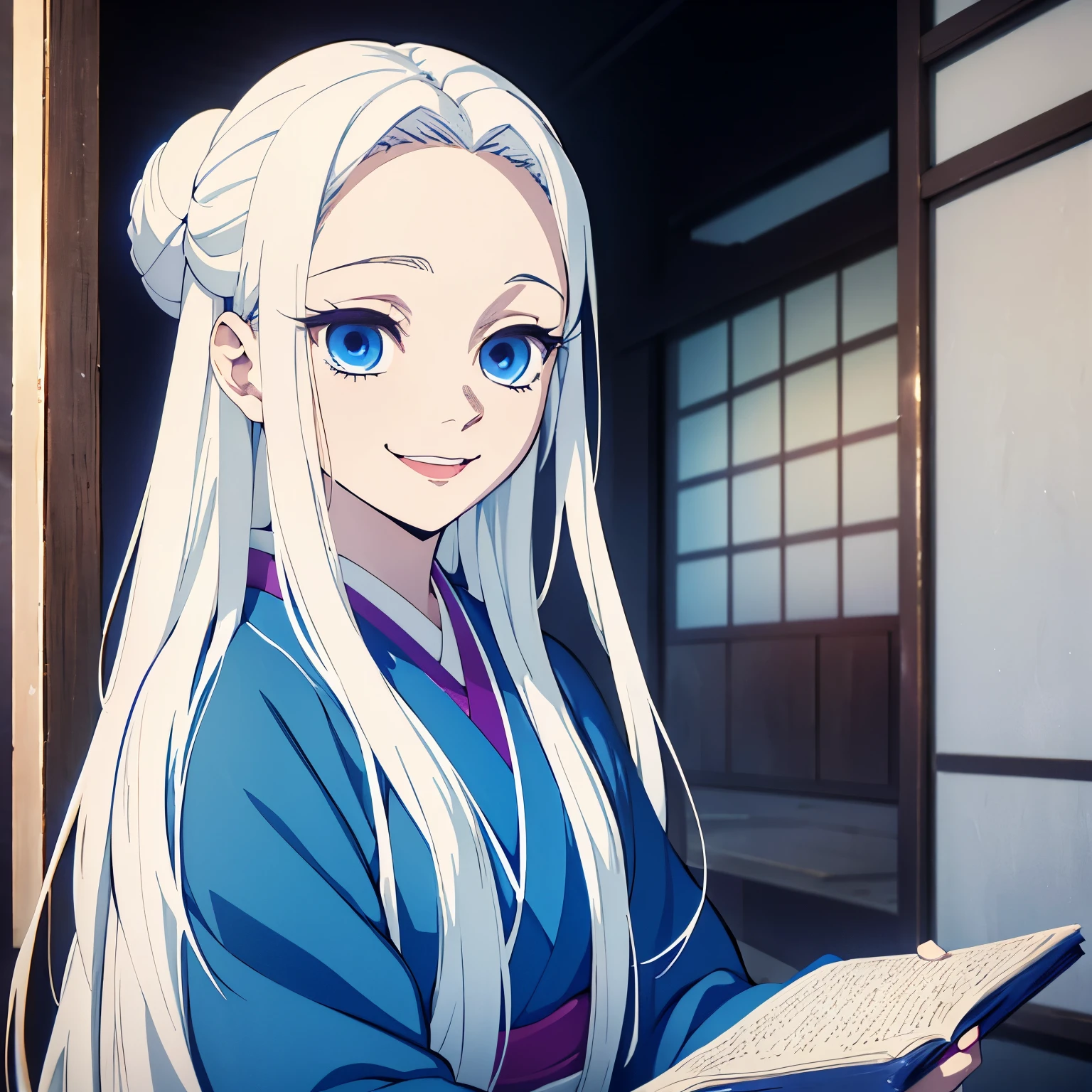 (1 girl, White long straight hair, blue eyes), kimono, white hair, smily eyes, face focus, (opened mouth), happy smile, (half-up half-down hairstyle), japanese animation color style, vivid colors, from front, books, study, looking down, day time, girl