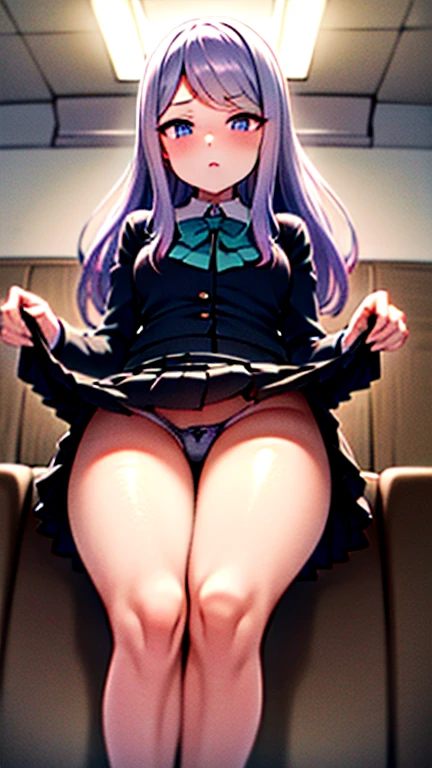mejiromcqueen(umamusme)(masterpiece, best quality), colorful, beautiful face, perfect body, 1girl, solo,long hair, ,serafuku,white shirt, pleated skirt,blue skirt,loafers, black socks,(((skirt lift))),white panties, blush, white hair, (public:1.1), embarrassed, sitting, in train, train interior