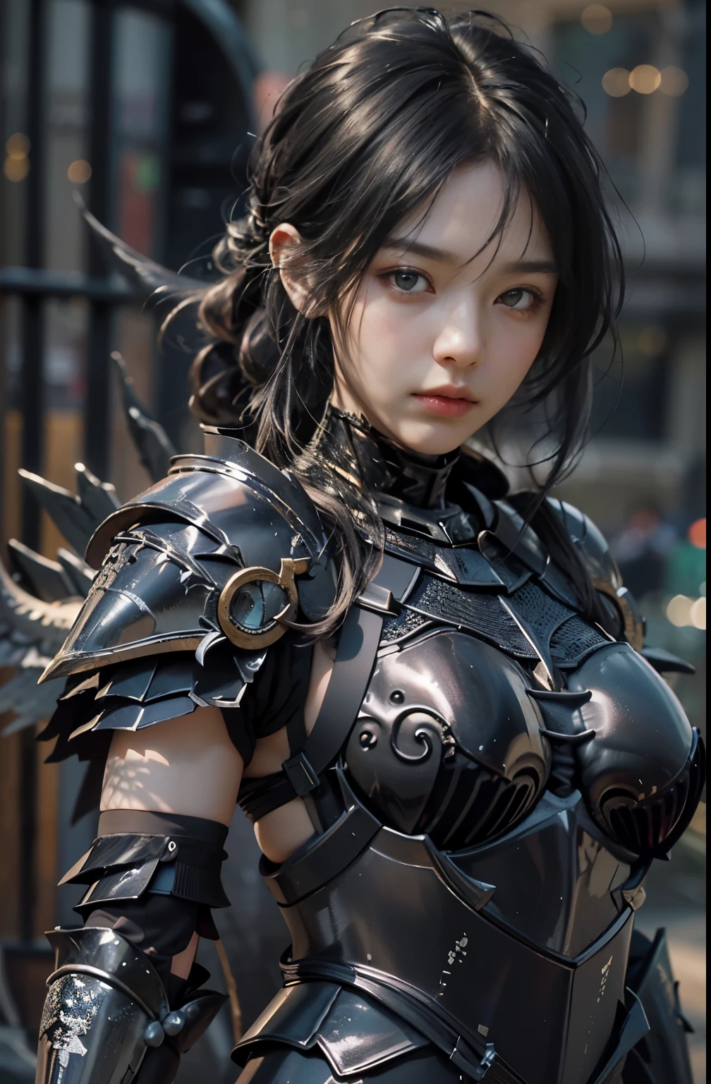 (masterpiece, best quality:1.2), (8k uhd, 16k, 32k, ultra high res), (photorealistic:1.37), (RAW photo), ultimate-realistic, ultimate-realistic details, ultimate-realistic texture, ultimate-intricate details, ultimate-realistic lighting, ultimate-realistic shadow, japanese girl, ultimate-cute face, ultimate-RAW skin, armor made of fine parts, ultimate-realistic eyes, Fallen angel, Lucifer, (black knight armor:1.5), two pairs of jet black wings, straight hair, black hair, pretty Japanese woman, on top of a western castle tower
