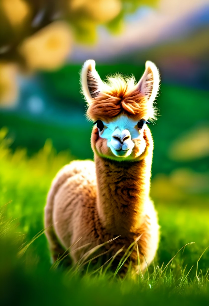 An Alpaca, aesthetic, (an alpaca, random things, playful, vibrant colors, soft fur, adorable expression, curious, mischievous, exploring the surroundings, joyful, sunny day, lush green grass, fluffy clouds, bokeh lights, whimsical, lively atmosphere, artful details, high resolution)