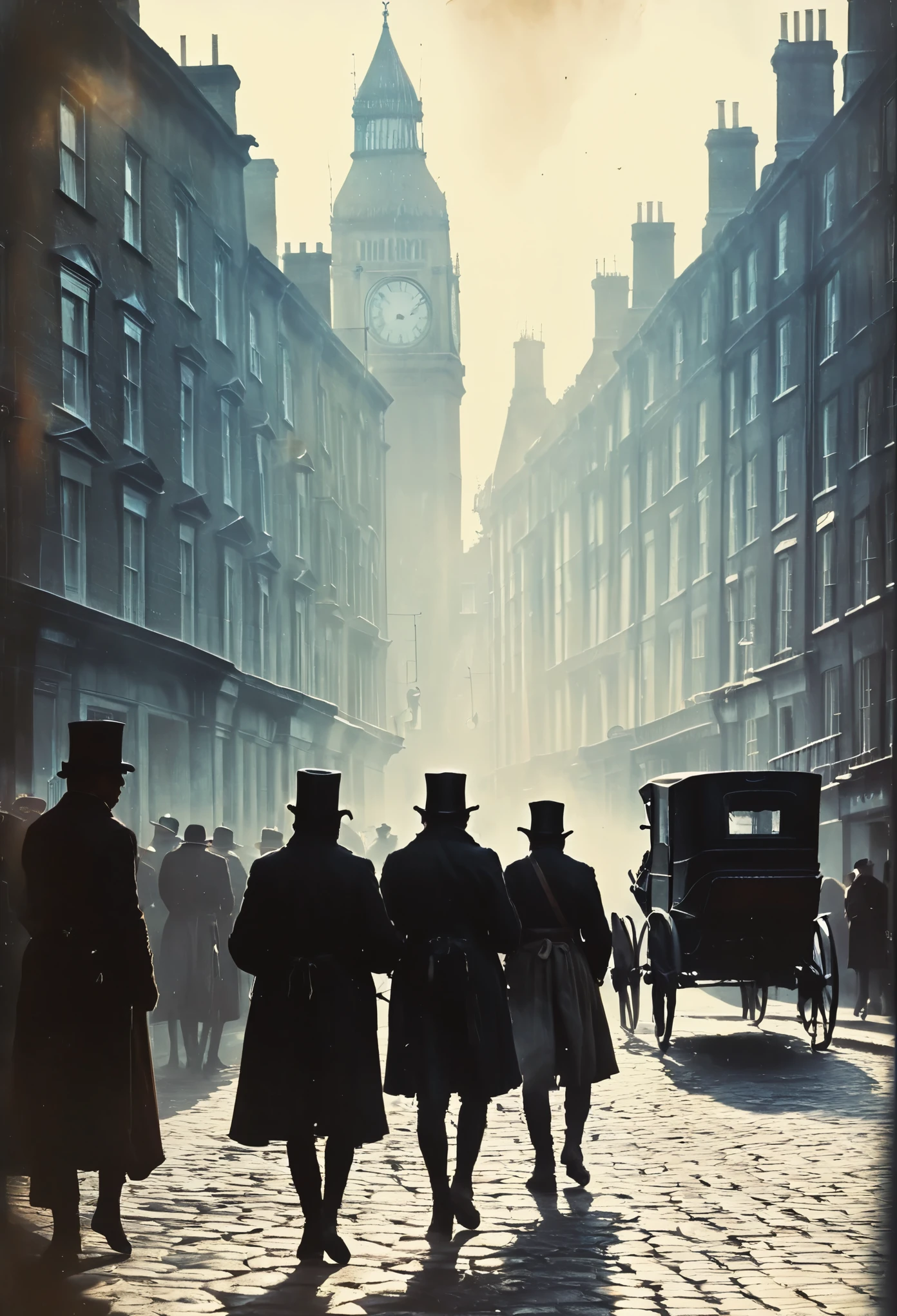 Wide image of Dickensian streetscape, London in the 1840s, cobblestone roads bustling with horse-drawn carriages, vendors shouting from street corners selling their wares, the morning sunlight bathing the scene in a warm glow, architecture reflecting the era's style, chimney tops puffing gently into the clear sky, people dressed in period attire going about their morning, caught in the perfect natural light, shadows casting long on the ground, realistic, ultra-fine detail, 8k