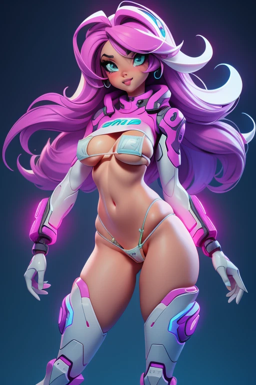 Create a half body shot voluptuous girl (((Maria Fernanda Galvão))) with very long hair, smilling, thick eyebrows, hacker, pale skin, wide hips, ((robotic legs and thighs prostheses)), ((wearing very small and tight white micro bikini:1.4)), ((strip micro bikini:1.6)), night time, good quality, perfect anatomy, 8k, masterpiece, by (Holaxes), gadgets, neon, cyberpunk, neon purple, neon magenta, cyberwave, best Character Design, 2077, (pixar), naught, lewd, (((nsfw)))