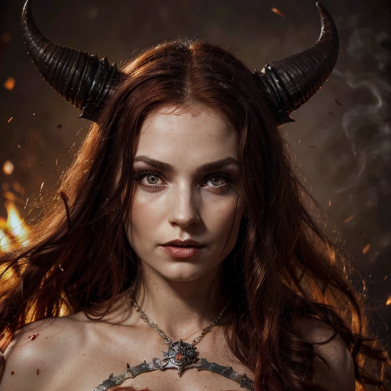 1 Demon woman with horns, fiery red long hair, ultra detailed face and eyes, hyperrealistic, realistic representation, 30 years old, dancing in hell, pretty face, her clothing is a long chain dress, full body view 