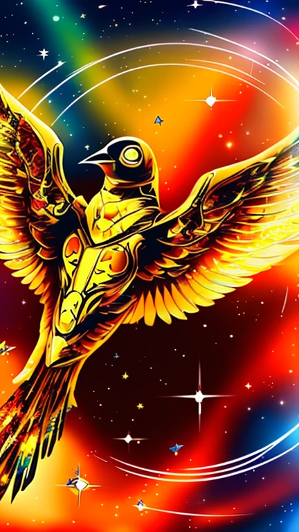There is a golden bird flying in the sky with the stars, Solarpunk Phoenix, Golden Wings, Phoenix Rise, Mysterious Space Envoy, with fiery Golden Wings, Phoenix artwork, Symbol of rebirth, Ophanim has the wings of a bird, Phoenix, Phoenix Rise from the ashes, ''Phoenix Wallpapers, Golden Feather, Golden Wings, Holy Spirit