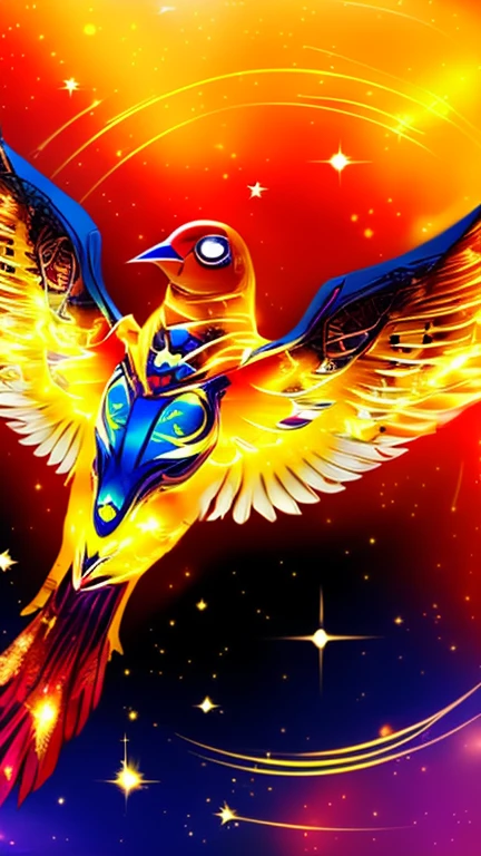 There is a golden bird flying in the sky with the stars, Solarpunk Phoenix, Golden Wings, Phoenix Rise, Mysterious Space Envoy, with fiery Golden Wings, Phoenix artwork, Symbol of rebirth, Ophanim has the wings of a bird, Phoenix, Phoenix Rise from the ashes, ''Phoenix Wallpapers, Golden Feather, Golden Wings, Holy Spirit