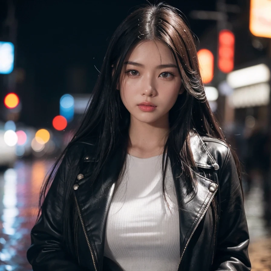 1girl,solo,long hair,Rough skin,(looking at viewer:1.2),wet hair,micro_shorts,dark,polaroid,(depth_of_field:1.5),rainy days,outdoors,street,hair between eyes,moody lighting,Tyndall effect,Cinematic Lighting,night,lamppost,lens flare,available light,rim light,glowing neon lights,curvy,chinese_style,