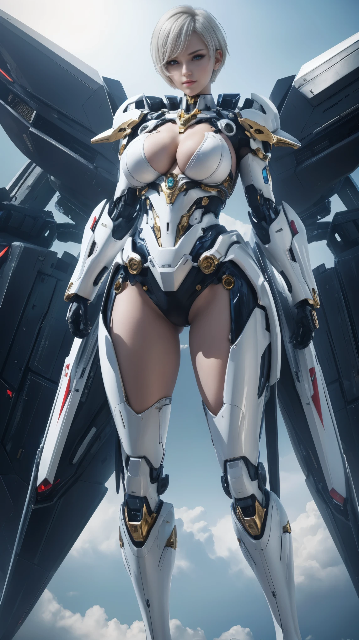 (Woman with complex white short hair, big breasts, mecha joints mixed with silver and gold and wing radiation, every part of the body has gems embedded in the mecha metal, Calm and dignified, Standing on the clouds), High resolution, Highly detailed, Realistic, Bright colors, Bokeh, Studio lighting.