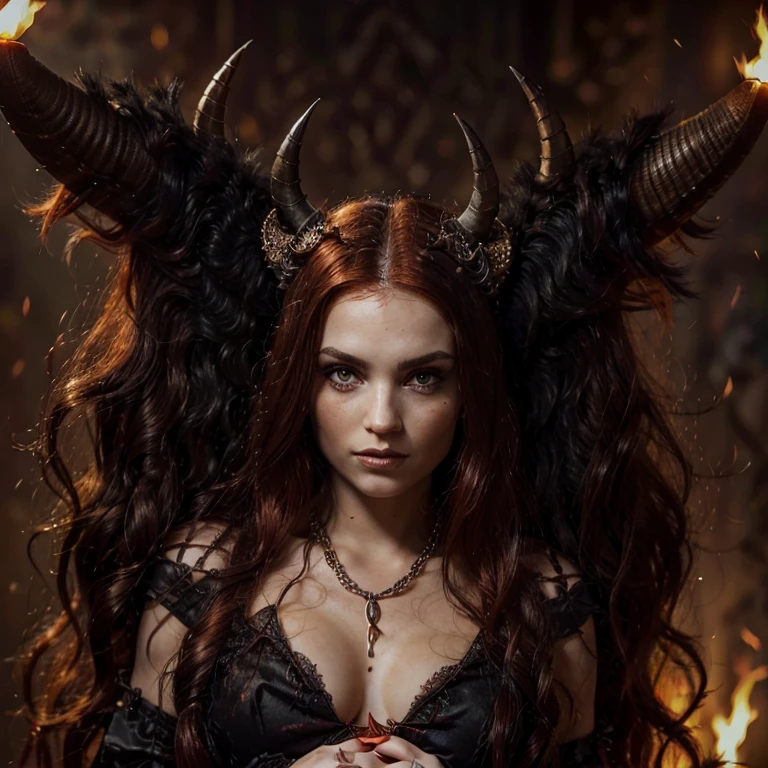 1 Demon woman with horns, fiery red long hair, ultra detailed face and eyes, hyperrealistic, realistic representation, 30 years old, dancing in hell, pretty face, her clothing is a long chain dress, full body view