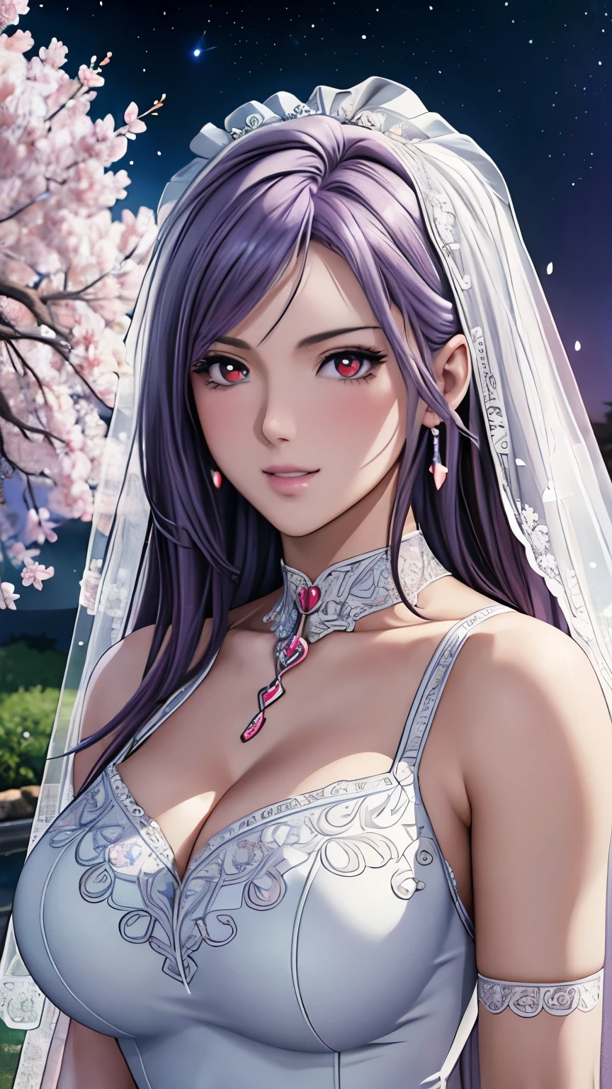 red eyes, (highest quality, masterpiece painting:1.3), immature woman, , (half body shot), masterpiece, ultra high resolution, (Photoreal:1.0), ((light purple hair)),straight hair, beautiful shining hair, white and shining skin, ((Ultra realistic details)), octane rendering, highly detailed face, (big breasts:0.8), (make a heart with hands), ((gorgeous white wedding dress,white Wedding veil,delicate decoration:1.2)), White cherry blossom embroidery pattern, silver earrings,（milky way galaxy), Hair flutters under the influence of the wind, Japanese garden with beautiful cherry blossoms at night, Mysterious night sky, Beautiful Landscapes, sharp focus, intricate details, professional artwork, (bright colors:1.1), bright colors, diffused lighting, digital blending, ultra-definition body, ultra detail hair, super detailed face, that&#39;It&#39;s trending on pixiv, top button open, Cute gaze, compensate, perfect lips, perfect compensate, Ultra-precision coating, (light_smile:0.8), (Very embarrassed:1.2), blush your nose,