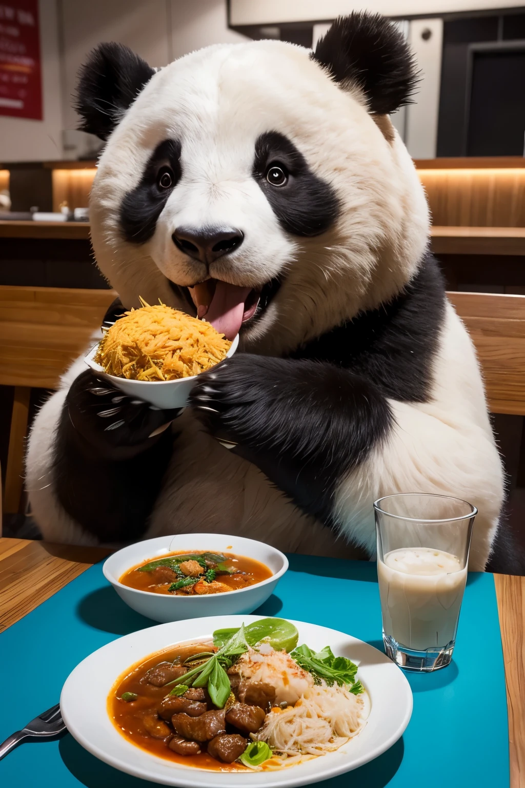 Heartwarming moment captured as giant fluffy panda in blue office suit sits at restaurant table, Crowded restaurant, The one who stares at him々, Taste a plate of nasi lemak, fried chicken, And a glass of ice Milo. The face of the panda should light up with pure happiness and surprise, Nasi Lemak in one bite, It's as if you're tasting this beloved Malaysian dish for the first time, 4K, Cinema Lighting, dramatic effect,
