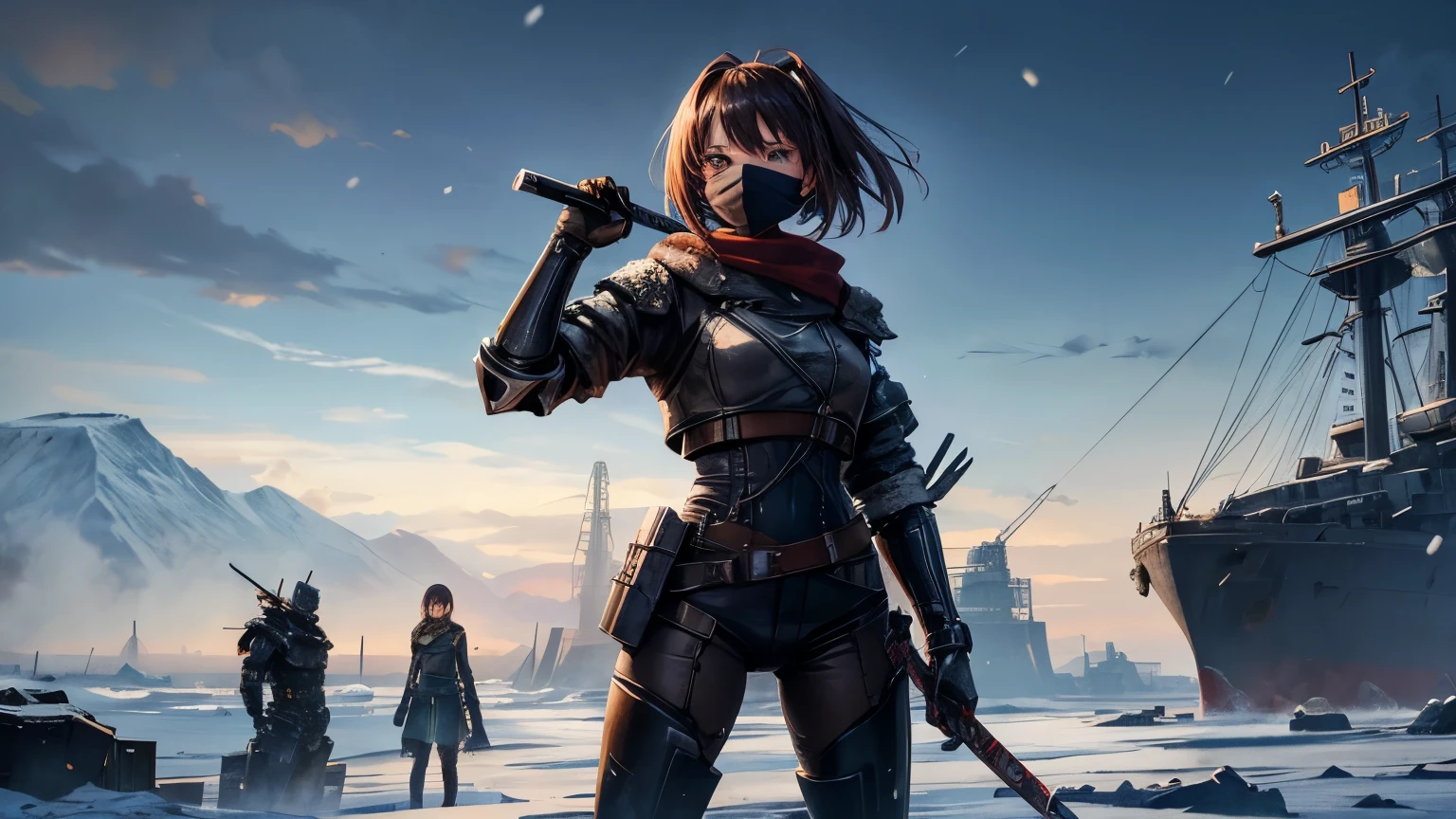 The background is an icy wasteland and many rusty remains of giant warships, stuck on land. An anime girl in the center, with a robotic arm and a metal mask on his face. The girl has a katana in her hand. The girl stands in a heroic pose. There's a terrible snowstorm all around