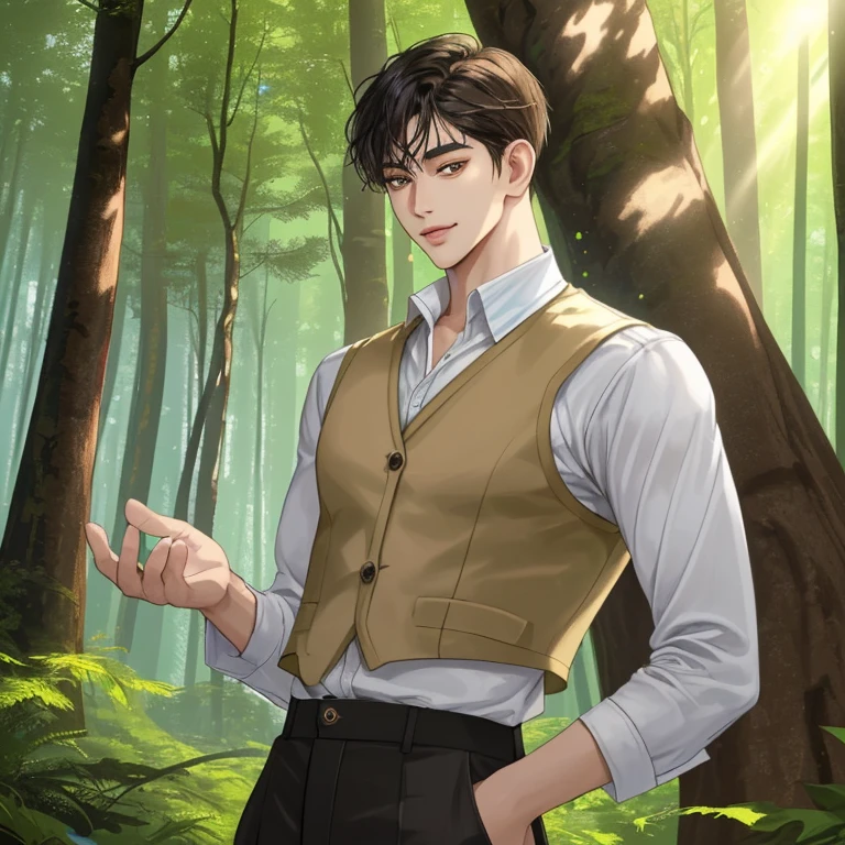 A mixed-race man that's half asian and half European. He's standing in a forest, leaning against a tree with a subtle smile on his face that shows his dimples. . His hair was very short and brown. He was wearing a white blouse, brown vest, and black trousers. . The forest was enchanting and beautiful. The sunlight shone the forest, made it look ethereal as ever. The color of his eyes are black. 