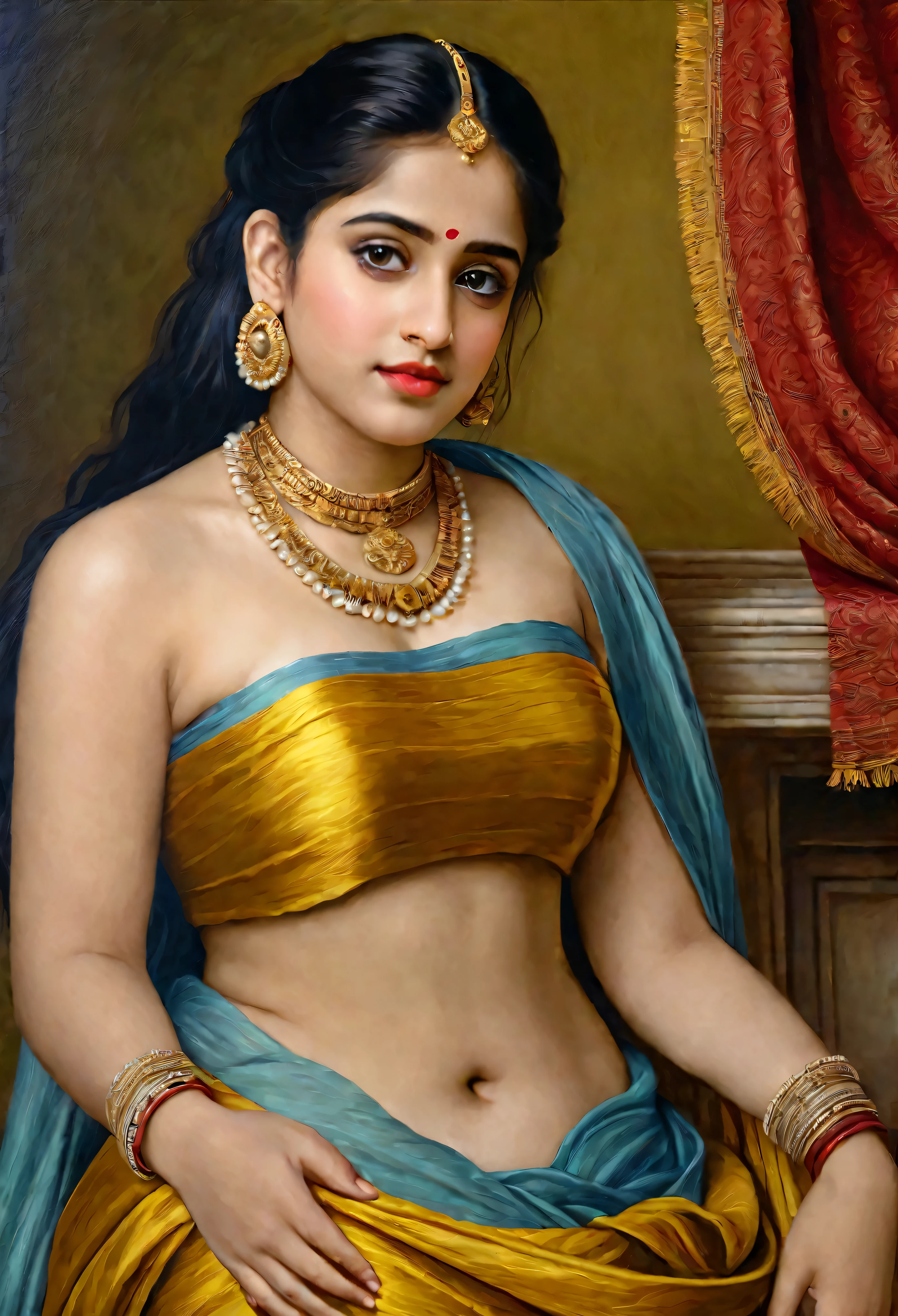Looks like Jannat Zubair, Beautiful Indian Woman, wearing saree, sari Beauty, gorgeous, Apsara, Maharani, royal queen woman, nymph from Hindu Mythology, Urvashi, matchless beauty, Highly detailed, Oil Painting by Peter Paul Rubens inspired by Raja Ravi Varma, Matchless beauty, captivating, gorgeous, heavenly beauty, celestial beauty, by Peter Paul Rubens, , realistic, hyper realistic, micro details, incredible artwork, insane details, ultra High resolution, 8k, 32k, acrylic on canvas, intricate, flawless, detailed, detailed face, detailed eyes, masterpiece, by Peter Paul Rubens, by Caravaggio, by William Adolphe bouguereau, perfect face, perfect body, beautiful art, realism, baroque, renaissance Art, highly textured, beautiful and detailed eyes, uhd, best quality,