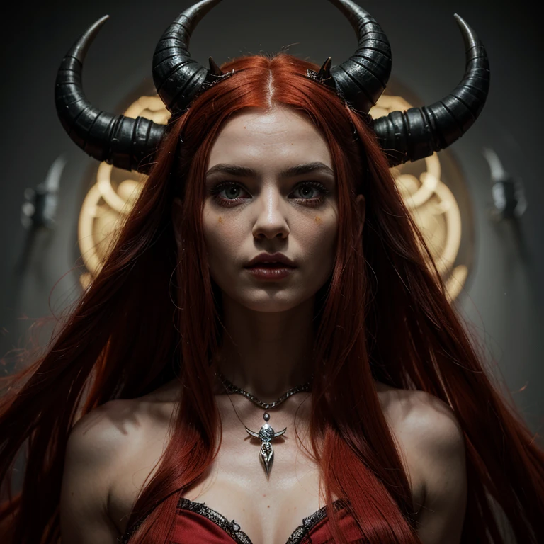 1 Demon woman with horns, fiery red long hair, ultra detailed face and eyes, hyperrealistic, realistic representation, 30 years old, dancing in hell, pretty face, her clothing is a long chain dress, full body view 
