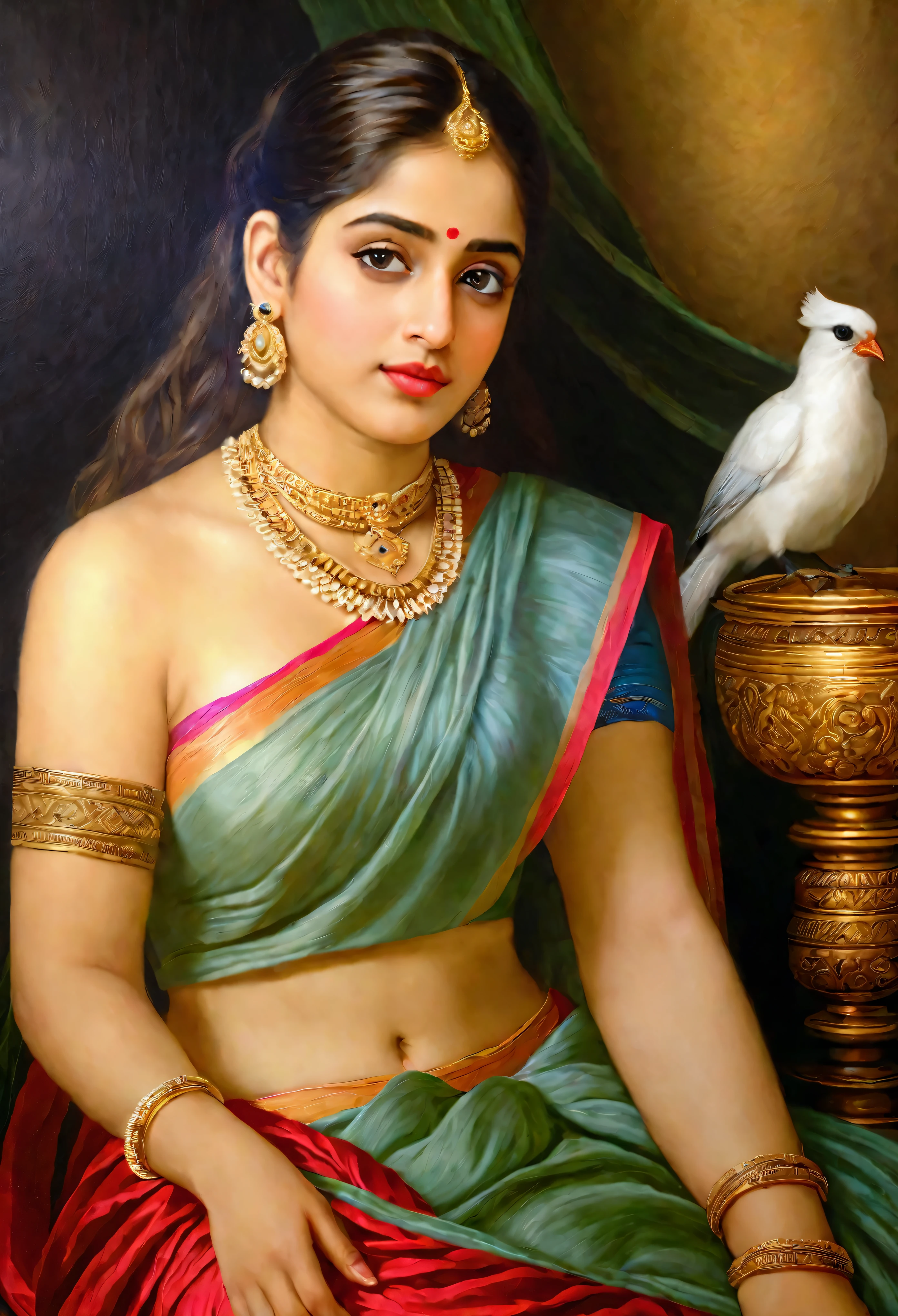 Looks like Jannat Zubair, Beautiful Indian Woman, wearing saree, sari Beauty, gorgeous, Apsara, Maharani, royal queen woman, nymph from Hindu Mythology, Urvashi, matchless beauty, Highly detailed, Oil Painting by Peter Paul Rubens inspired by Raja Ravi Varma, Matchless beauty, captivating, gorgeous, heavenly beauty, celestial beauty, by Peter Paul Rubens, , realistic, hyper realistic, micro details, incredible artwork, insane details, ultra High resolution, 8k, 32k, acrylic on canvas, intricate, flawless, detailed, detailed face, detailed eyes, masterpiece, by Peter Paul Rubens, by Caravaggio, by William Adolphe bouguereau, perfect face, perfect body, beautiful art, realism, baroque, renaissance Art, highly textured, beautiful and detailed eyes, uhd, best quality,