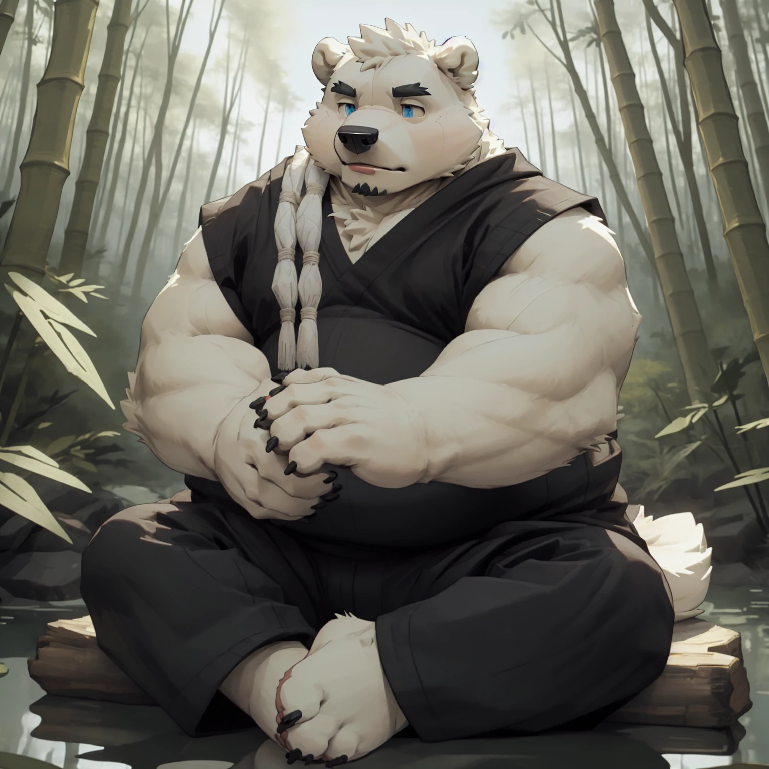 New Jersey 5 Furry,polar bear，Full body portrait of an individual,Exquisite， Chubby，Fat，Thick arms，Rugged muscles，Topless，White plush fur，Chubby脸，Black eyebrows，sky blue eyes，Black beard，black robe，Black pants，bamboo forest，Meditate，majesty