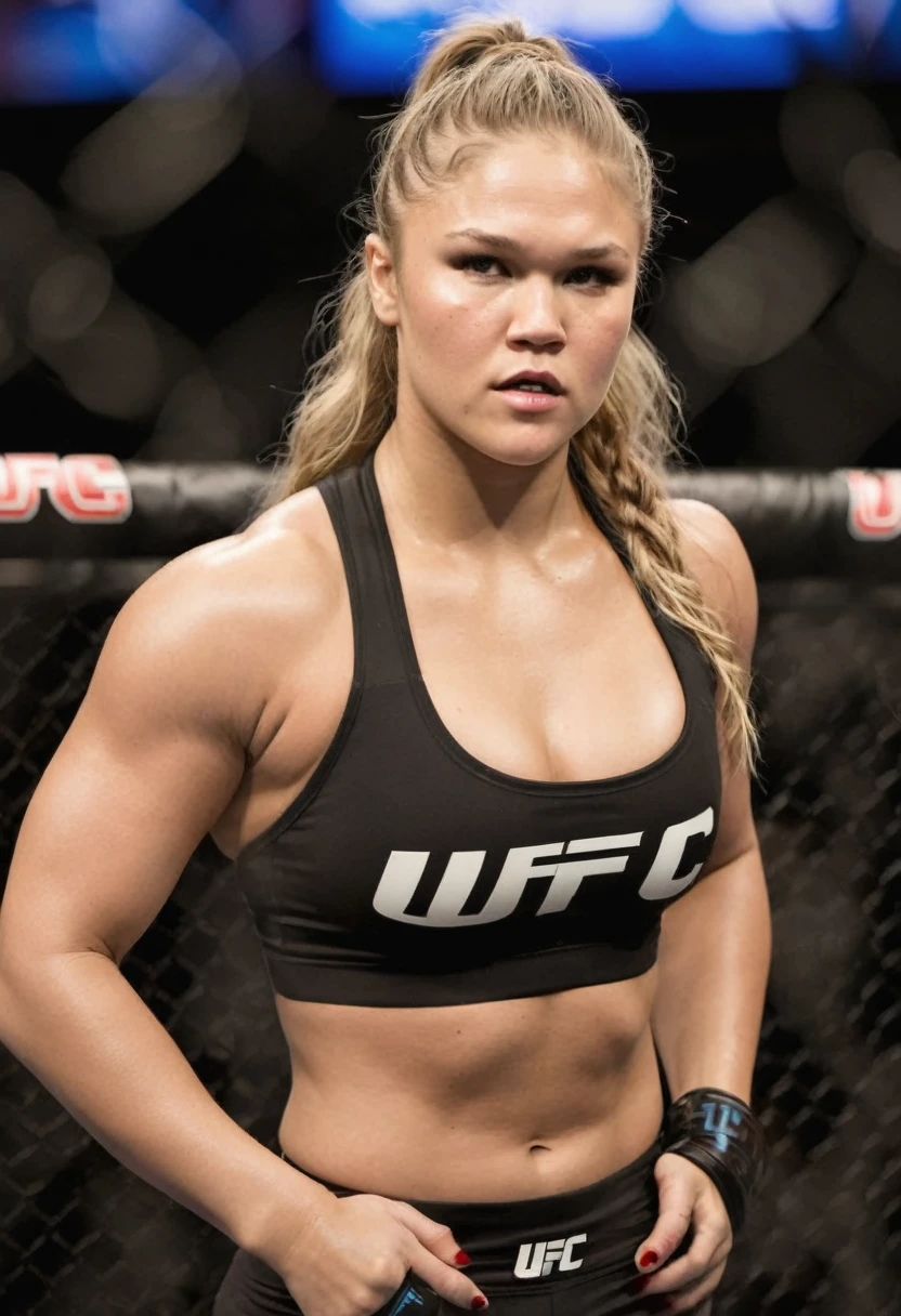 Photo perfect ronda rousey. Dark eyebrow makeup, black eyeliner, dark eye shadow, high detailed cheeck makeup, bright light lipstick, full face makeup, natural breats, hard nipples in sports bra, long luscious platinum blonde hair, abs, ass up yoga shorts,ufc in gym in background,