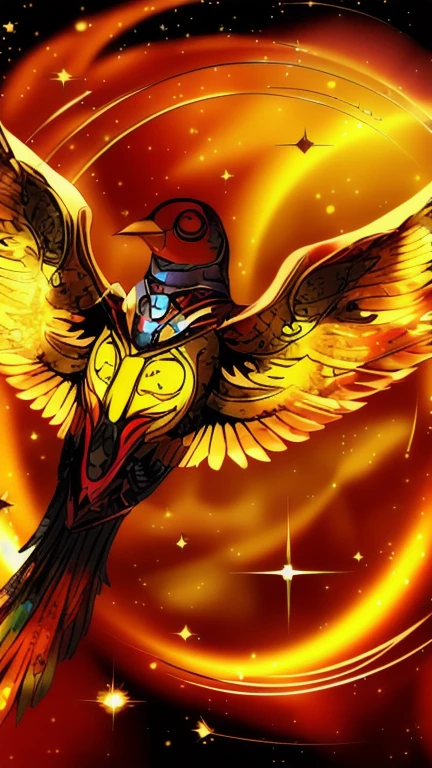 There is a golden bird flying in the sky with the stars, Solarpunk Phoenix, Golden Wings, Phoenix Rise, Mysterious Space Envoy, with fiery Golden Wings, Phoenix artwork, Symbol of rebirth, Ophanim has the wings of a bird, Phoenix, Phoenix Rise from the ashes, &#39;&#39;Phoenix Wallpapers, Golden Feather, Golden Wings, Holy Spirit