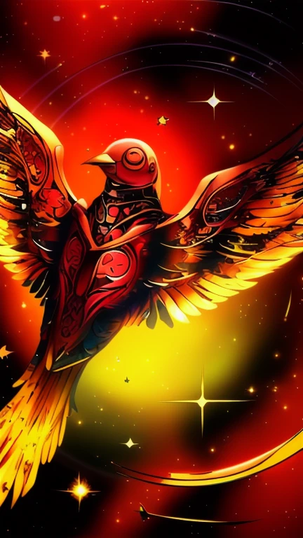 There is a golden bird flying in the sky with the stars, Solarpunk Phoenix, Golden Wings, Phoenix Rise, Mysterious Space Envoy, with fiery Golden Wings, Phoenix artwork, Symbol of rebirth, Ophanim has the wings of a bird, Phoenix, Phoenix Rise from the ashes, &#39;&#39;Phoenix Wallpapers, Golden Feather, Golden Wings, Holy Spirit