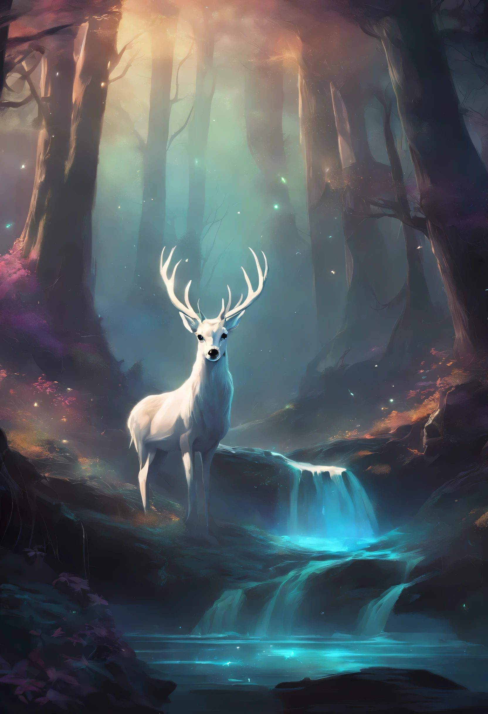 A digital painting illustration conceptual environmental art of a luminous white and bluish doe, head turned sideways, surrounded by ethereal vapor standing in the middle of a dark luscious vibrant forest(Enchanted Forest 7,Magical creatures,(glowing mushrooms),sparkling waterfalls,fantasy,Leonora Carrington,a fantasy forest,Hazy perspective,sunlight filtering through the trees,(Glowing sika deer),Rich in color,assignment,light and shadow effect,k hd,tmasterpiece,Detailed details,depth of fields