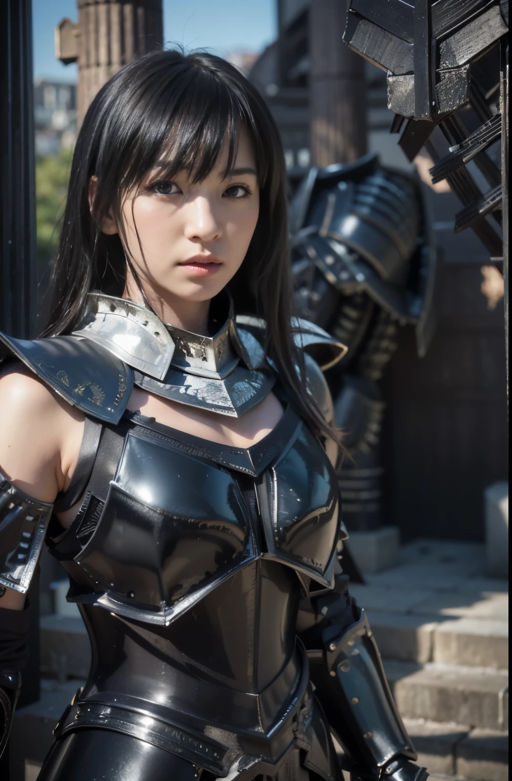 (masterpiece, best quality:1.2), (8k uhd, 16k, 32k, ultra high res), (photorealistic:1.37), (RAW photo), ultimate-realistic, ultimate-realistic details, ultimate-realistic texture, ultimate-intricate details, ultimate-realistic lighting, ultimate-realistic shadow, japanese girl, ultimate-cute face, ultimate-RAW skin, armor made of fine parts, ultimate-realistic eyes, Fallen angel, Lucifer, (black knight armor:1.5), two pairs of jet black wings, straight hair, black hair, pretty Japanese woman, on top of a western castle tower