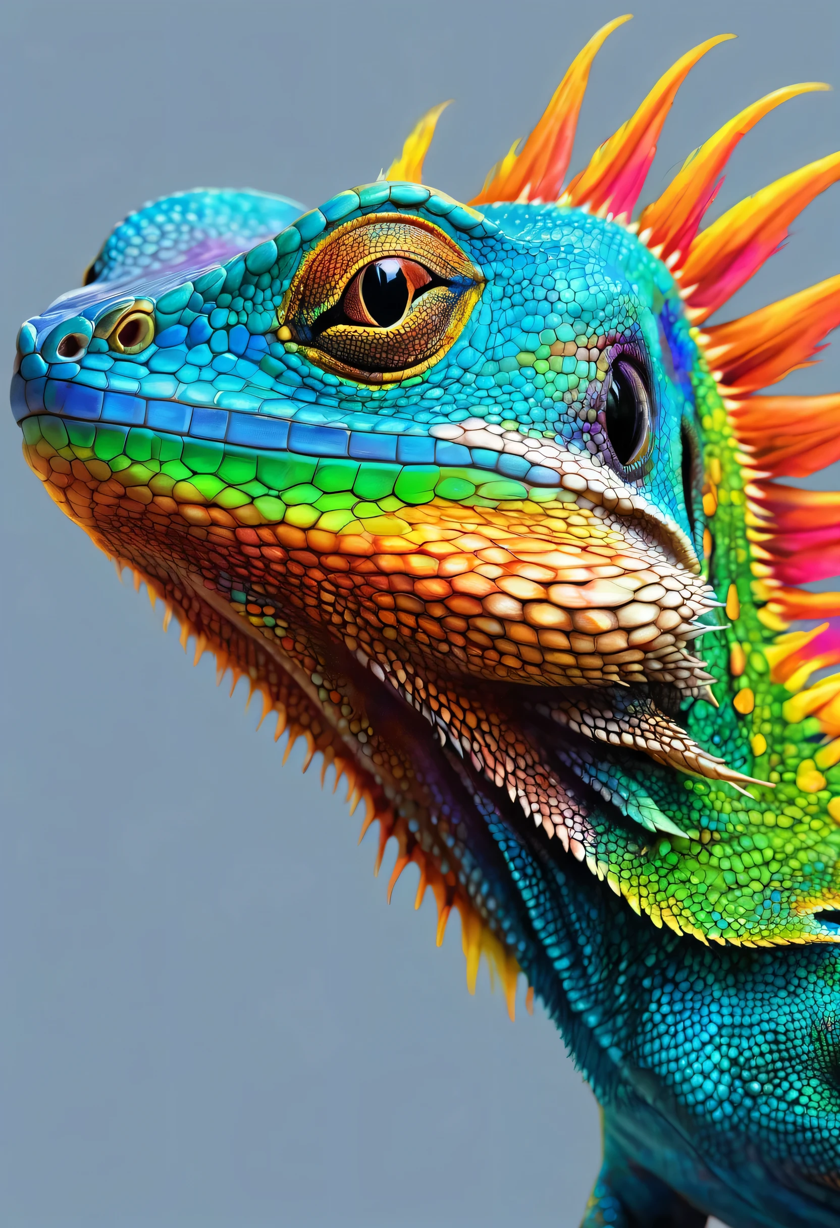 Close-up of a lizard with colorful head and tail, Bob Eggleton inspired airbrush paintings, Shutterstock, Fantasy art, digital painting Very detailed, bright colors Very detailed, Very detailed digital painting, colorful hd images, Very detailed Digital Art, 4k Very detailed Digital Art, High definition color, Digital Art. Very detailed
