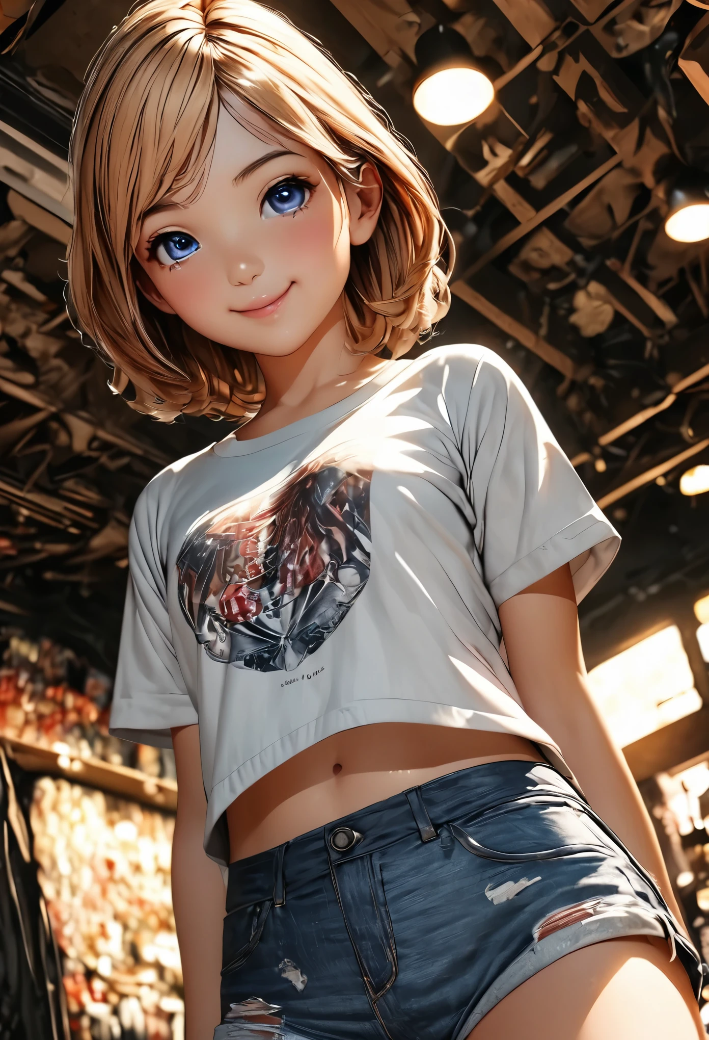 masterpiece、highest quality、Highest Level、Best image quality、Pieces fly、Intricate details、High resolution、Depth Field、Natural light、Professional Lighting、(One girl)、(cute:1.3)、Very beautiful 15 year old manga girl、素敵なsmile、Red cheeks、(Skin with attention to detail: 1.2)、Photorealistic Anime Girl Rendering、Realistic anime 3D style、Beautiful brown short hair、Intense deep blue eyes、Strong eye highlights、(Small box)、Perfect Anatomy、((Damaged denim shorts))、Put your hands behind your back、Against the wall、When I look through the viewfinder、Tilt your head、Blonde、iris blue eyes、(A body made shiny with oil)、8k resolution、Complicated clothes、Exquisite details、Boyish Girl、()、smile、Angle from the feet、Angle from below、Angle looking up from below、