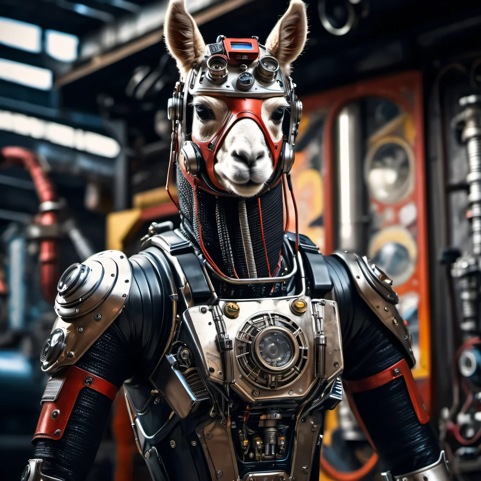 Realistic photo with the image of a humanoid (anthropomorphic) alpaca superhero in a high-tech electronic-mechanical suit, Movement action, dieselpunk, High detail, many details of the image, very complex, 32K, Hyperrealistic