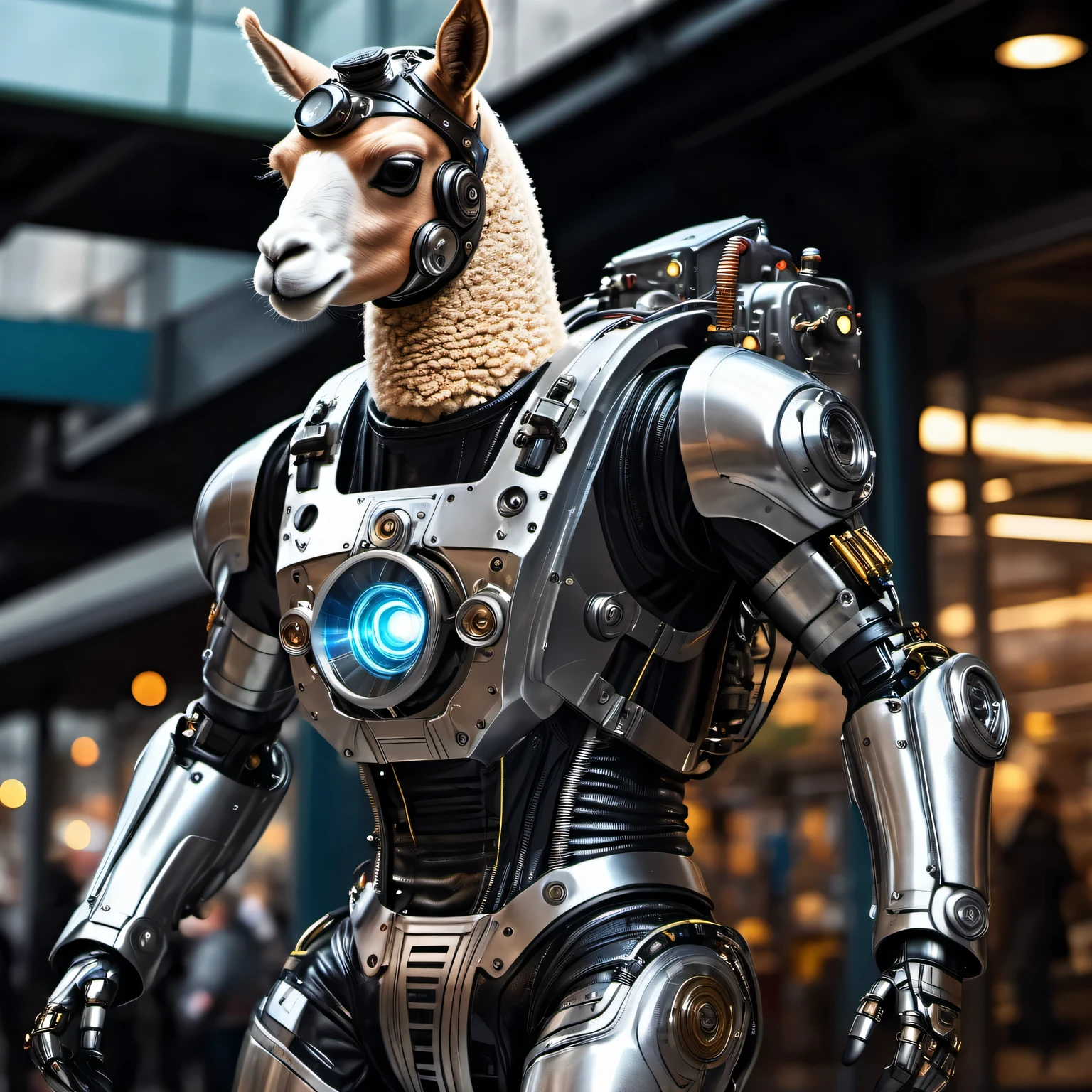 Realistic photo with the image of a humanoid (anthropomorphic) alpaca superhero in a high-tech electronic-mechanical suit, Movement action, dieselpunk, High detail, many details of the image, very complex, 32K, Hyperrealistic