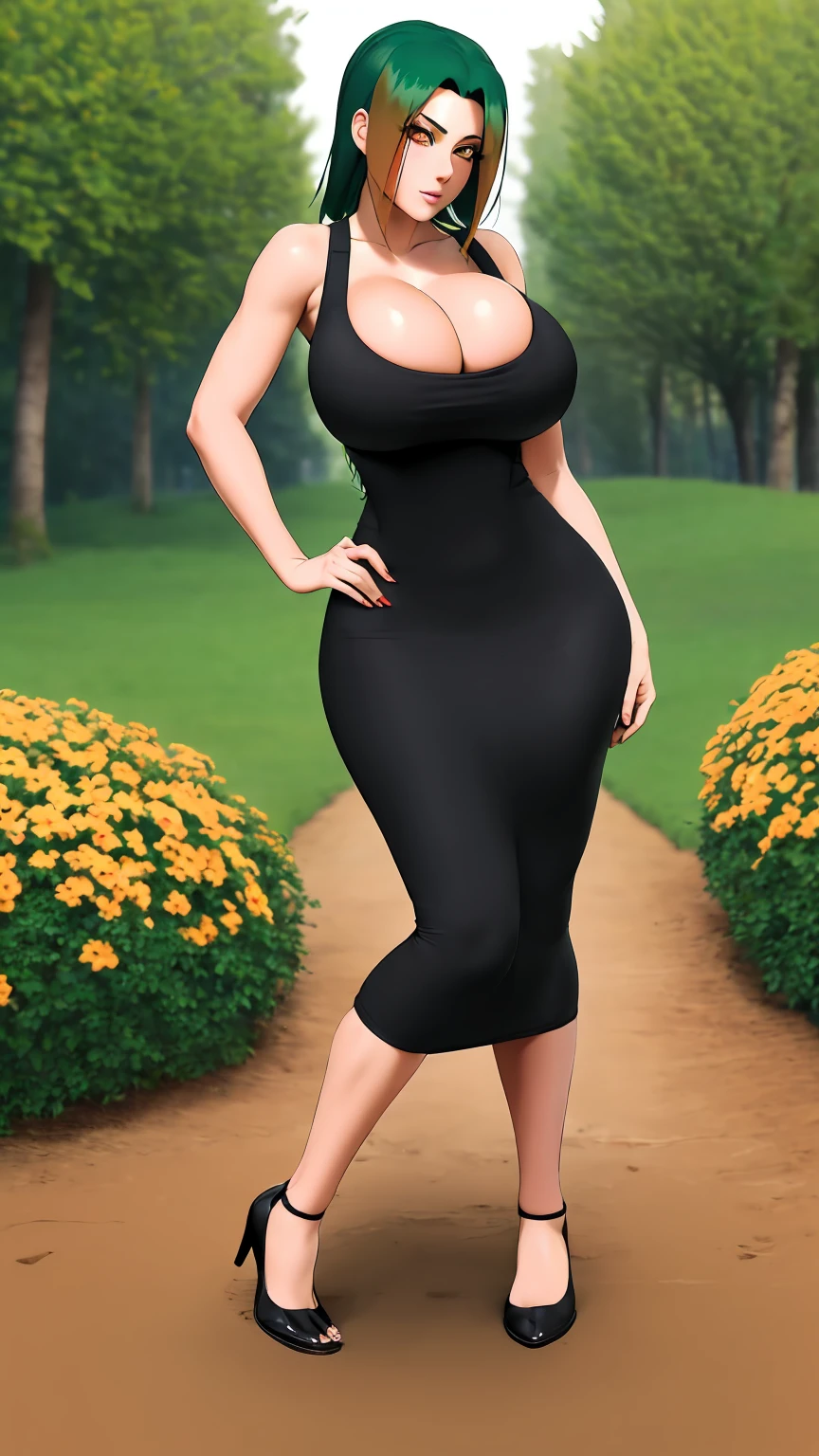 masterpiece, best quality, extremely detail 8k cg, high resolution, 1girl, pakura, green hair, orange eyes, beautiful eyes, slim body, huge breasts, bursting breasts, black tee shirt dress, sleeveless, cleavage, outdoors, garden, beautiful face, full shot photo, full body