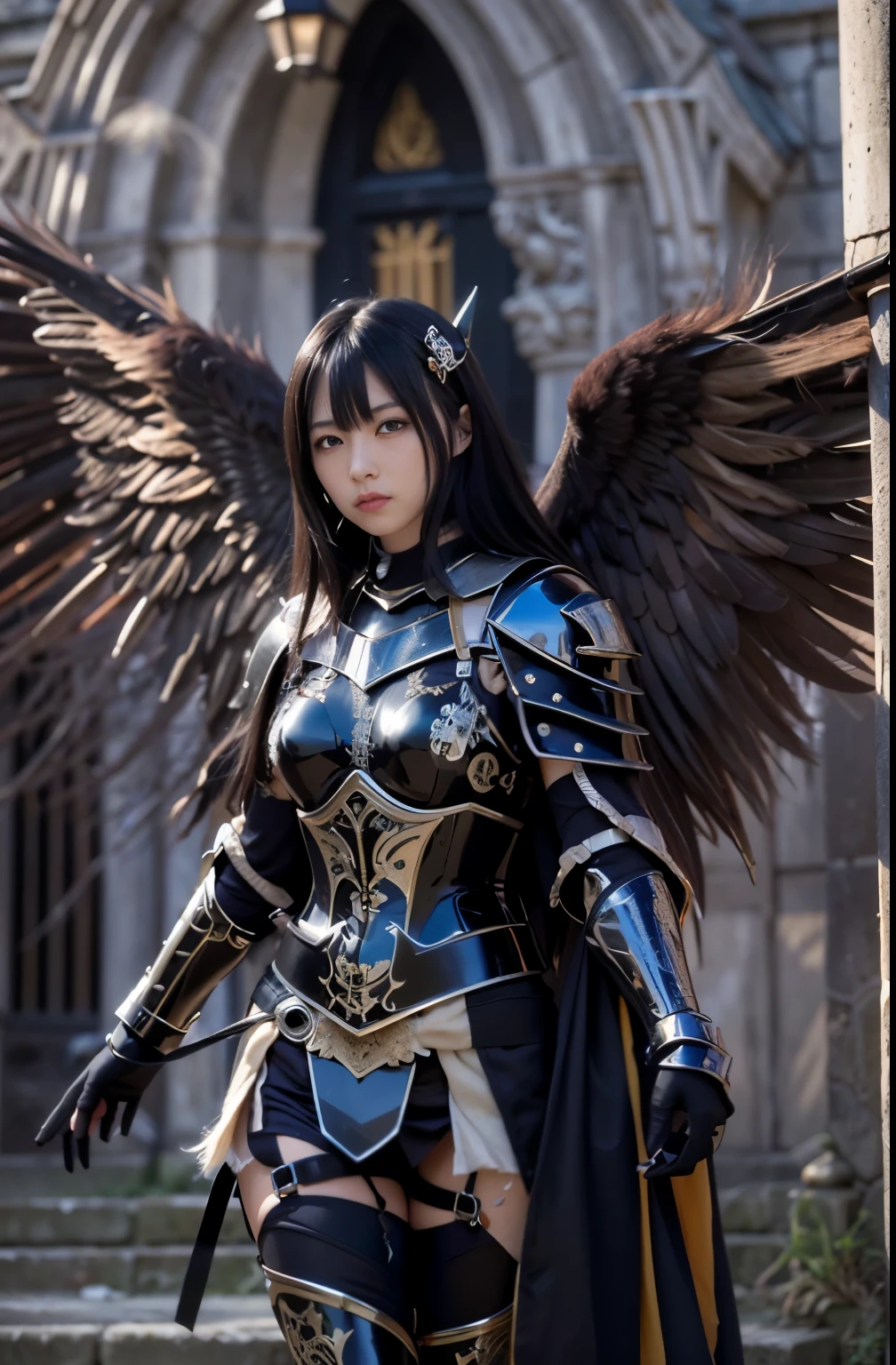 (masterpiece, best quality:1.2), (8k uhd, 16k, 32k, ultra high res), (photorealistic:1.37), (RAW photo), ultimate-realistic, ultimate-realistic details, ultimate-realistic texture, ultimate-intricate details, ultimate-realistic lighting, ultimate-realistic shadow, japanese girl, ultimate-cute face, ultimate-RAW skin, armor made of fine parts, ultimate-realistic eyes, Fallen angel, Lucifer, fallen, disastrous, (black mechanical knight armor:1.5), two pairs of jet black wings, straight hair, black hair, pretty Japanese woman, on top of a western castle tower