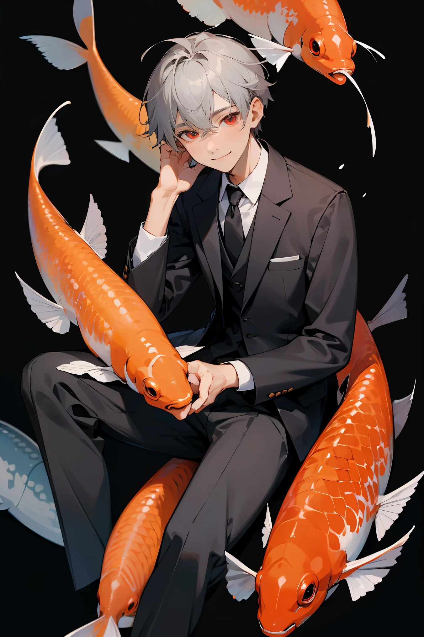 high quality, detailed image, Correct facial features, drawn hands, handsome young guy, gray hair, Red eyes, sitting, is a teacher, dressed in a suit, wearing a jacket, smiling at the camera, looks at us, small koi fish swimming, black background without background, there is no background behind him 