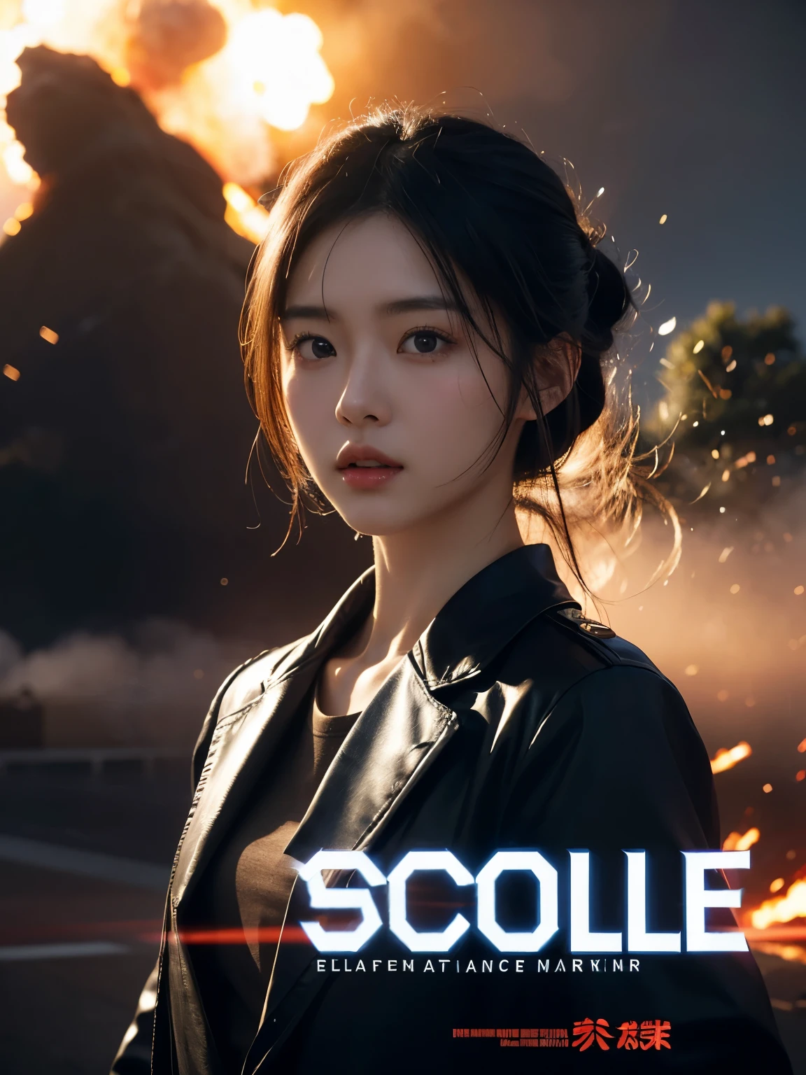 A movie poster of a beautiful Japanese girl with beautiful eyes, sci-fi, with a gun, explosions behind, cinematic lighting, smoke effect at the bottom, movie shot framing, high quality, ultra detail, 8k, promptingreal style, photon style