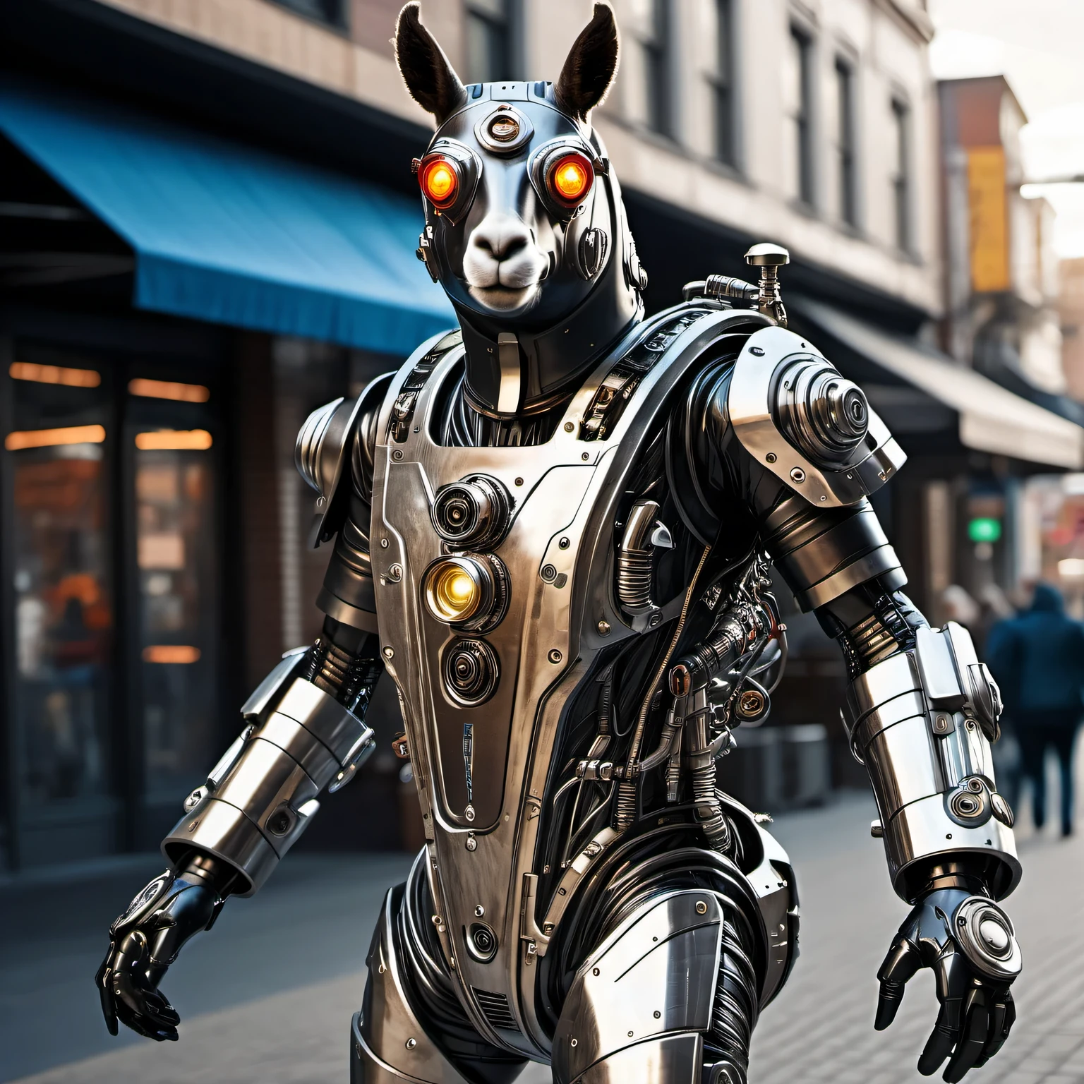 Realistic photo with the image of a humanoid (anthropomorphic) alpaca superhero in a high-tech electronic-mechanical suit, Movement action, dieselpunk, High detail, many details of the image, very complex, 32K, Hyperrealistic, full pose, full body